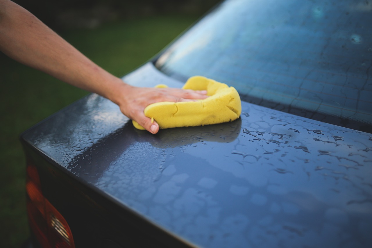 Hand holding yellow sponge wiping a damp dark color car trunk